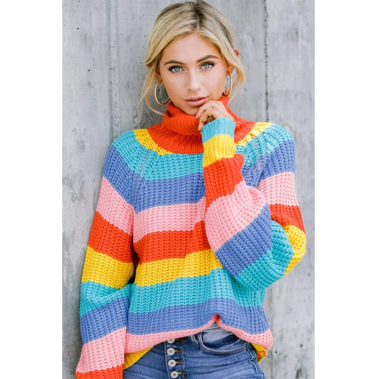 

Free Shipping New Arrival Woman Turtleneck Loose Top Long Sleeve Shirts Rainbow Casual Sweater Tops