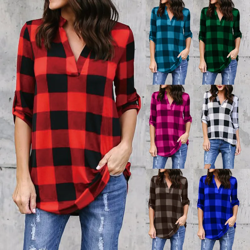 

Wish Express EBay European and American Women's Casual Loose V-neck Plaid Printed Long Sleeve Women's Shirt and Shirt