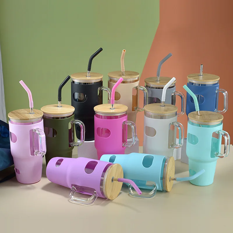 Wholesale Stocked Luxury 32 oz Borosilicate Glass Tumbler Set Reusable Coffee Cup Bamboo Lid Silicone Sleeve Time Marker Travel