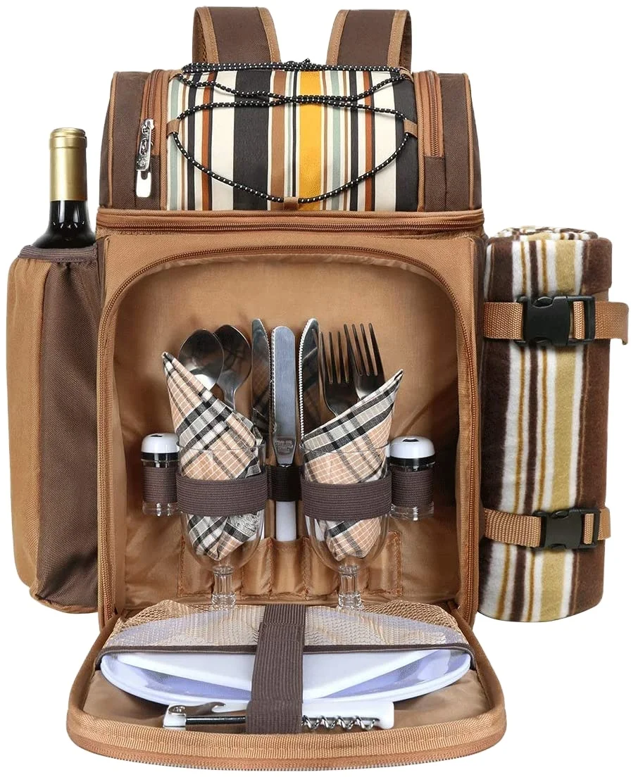 

Picnic Backpack Bag for 2&4 Person with Insulated Cooler Compartment, Detachable Wine Holder, Camel