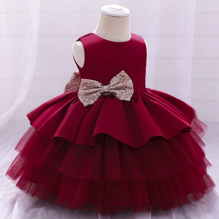 

New born baby first birthday party big sequined Bowknot V back sleeveless ball gown formal tutu girls kids dresses