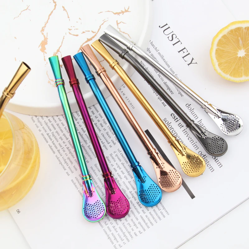 

High Quality 304 Stainless Steel Straw Spoon for Drink Bar Coffee Filter Spoon Bombilla Tea Straws, Silver, rainbow, gold, rose gold, black, blue, purple, etc.
