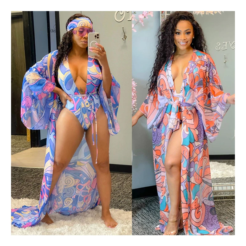 

Woman Long Floral Shiffon Fabric Casual Beachwear Summer Lace Kimono Maxi Dress Wholesale, Orange, blue