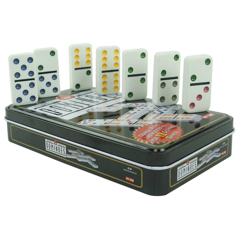 

White dominos with colorful dot of domino colors in custom tin box
