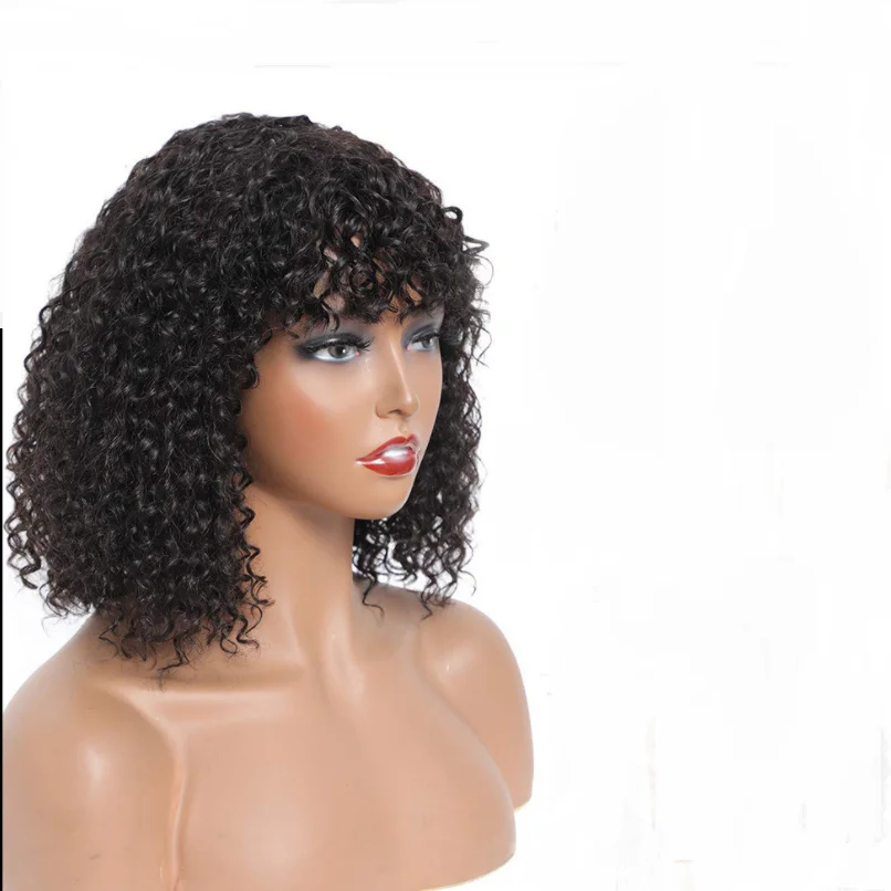 

Curly Wig With Bangs Human Hair Wigs Machine Made Fringe Short Bob Thick Afro Kinky Curly Wigs For Black Women 8-12 inch