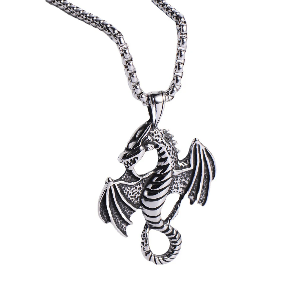 

24 Inch Chain Hip-hop Style Flying Chinese Dragon Pendant Necklace, Silver