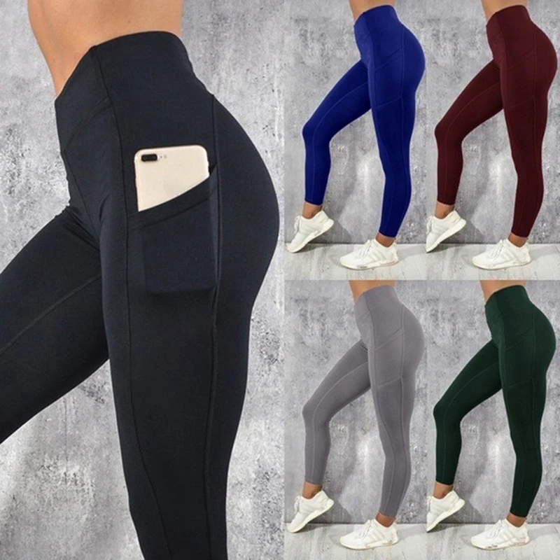 

Wholesale High Waisted Pocket Yoga Pants Solid Color Hip Sports Fitness Tight Workout Woman leggings custom, Green, blue, black, gray, burgundy