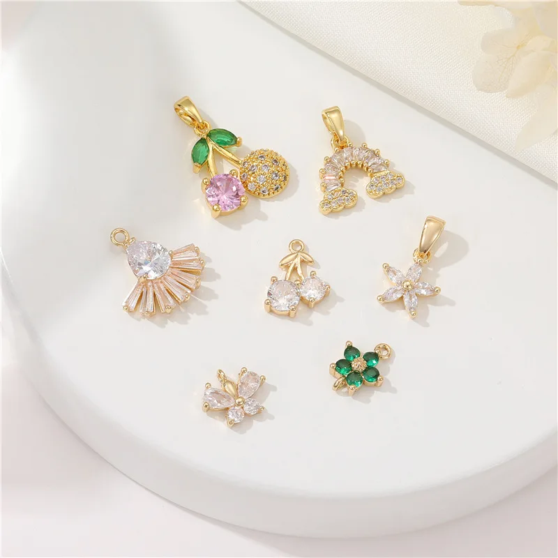 Wholesale Cubic Zircon Accessories Cherry Flower Pendant Rainbow Charms DIY Jewelry Necklace Earring Making Jewelry