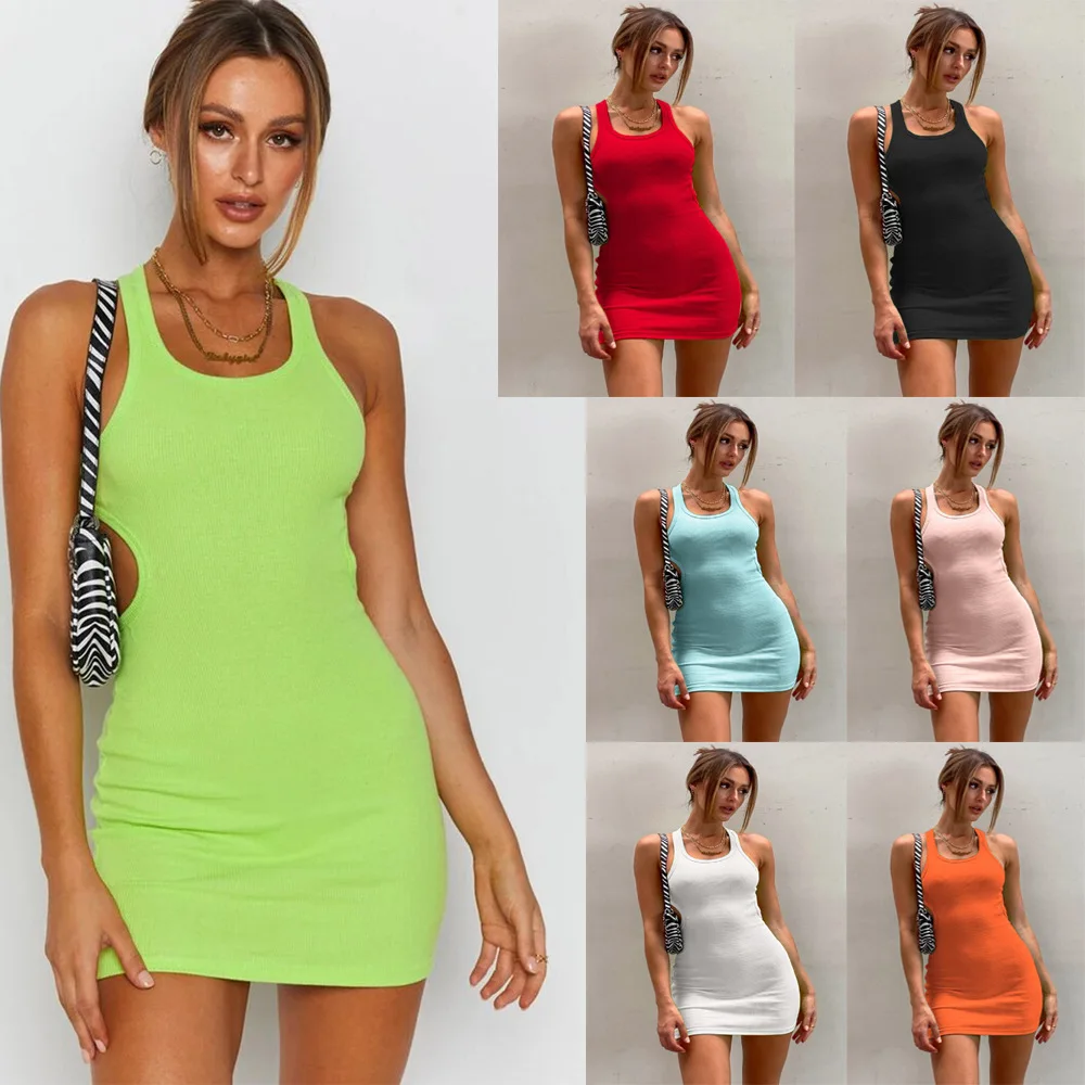 

2021 summer new fashion women's sleeveless sexy tight dress Mini nightclub solid color custom logo