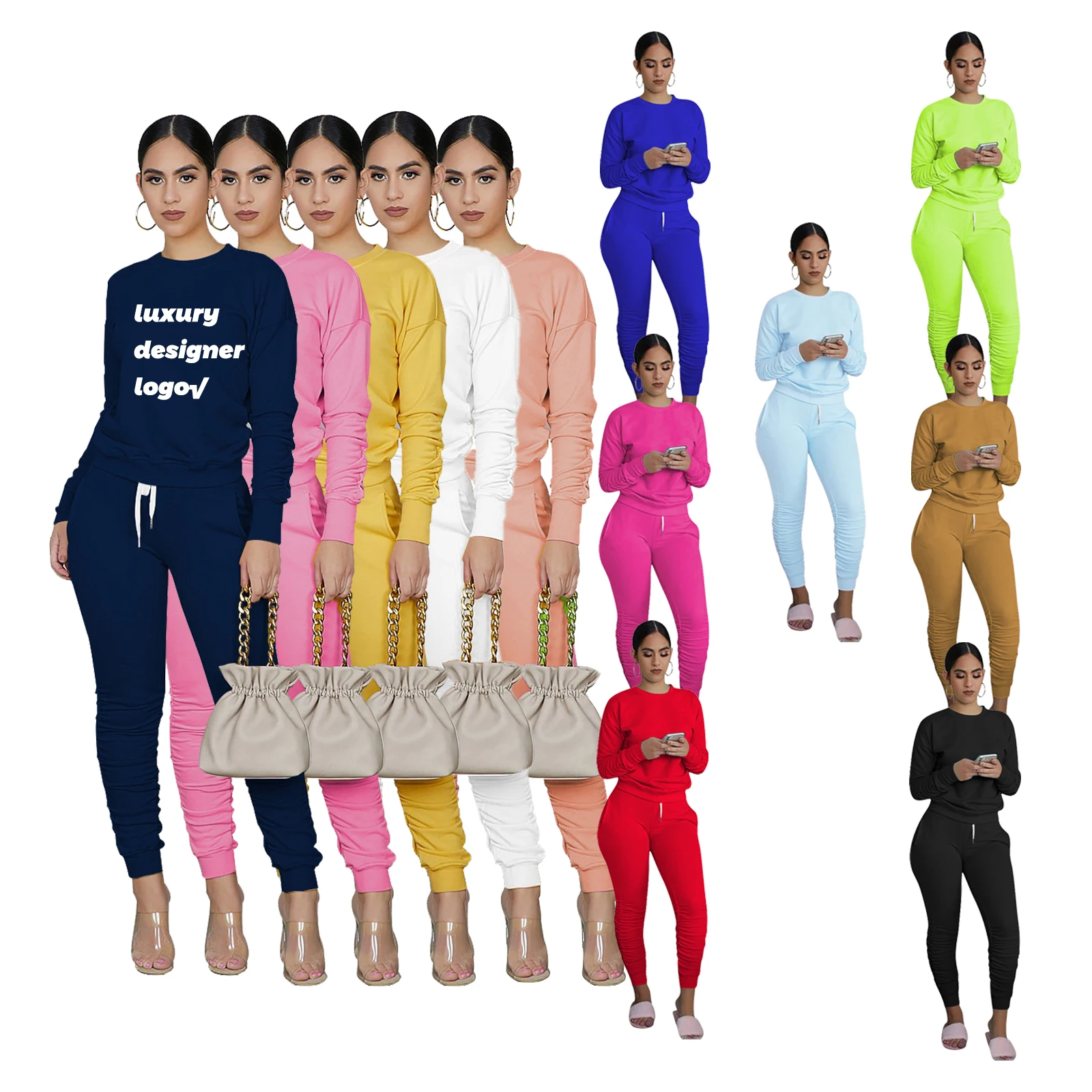 

Solid Color Casual Fall 2021 Women Designer Clothes Coats Pleated Sweatpants Jogging Custom Luxury Two 2 Piece Set Fashion