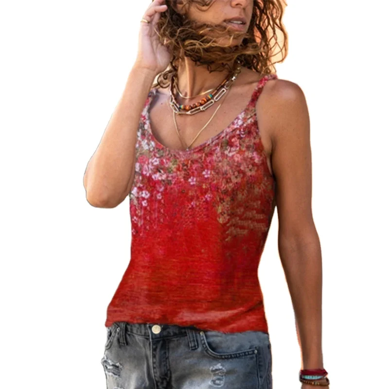 

High quality sleeveless print loose vintage fashion T-shirt