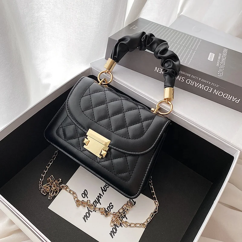 

2022 New Arrival Luxury Fashion Korean Diamond Lattice Shoulder Quilted Black Messenger Square Chain Pu Handbags Ladies Hand Bag