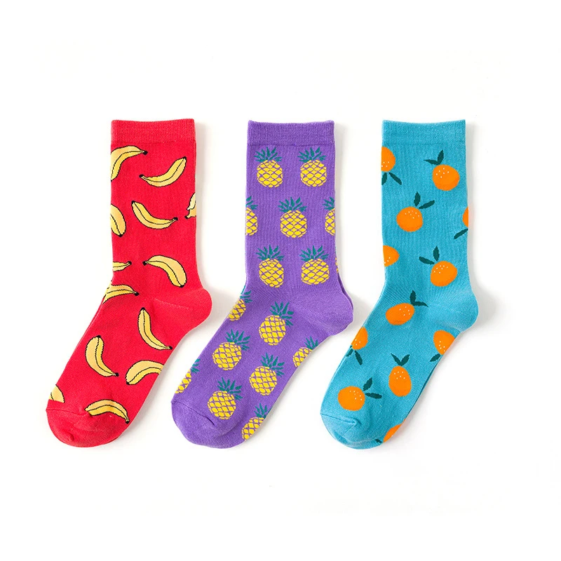 

Funky Banana, pineapple, orange, strawberry, avocado, lemon fruit design socks Bonypony fancy combed cotton women socks, 7 colors