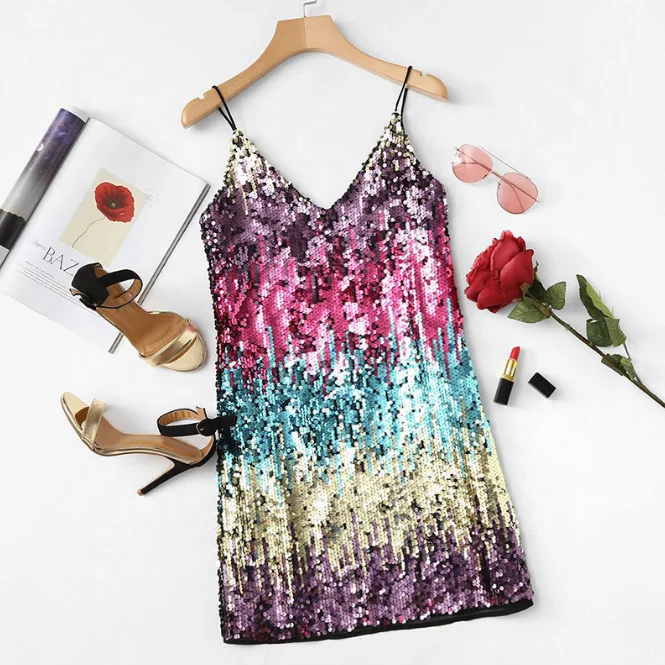 

Custom New Style Gradient Color Sequin V-neck Show Back Sling Women's Short Paragraph Dress