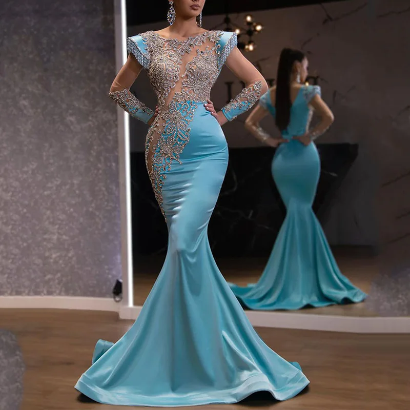 

2021 European and American new women's light blue fishtail skirt banquet temperament annual party long evening dress, Light blue or customized