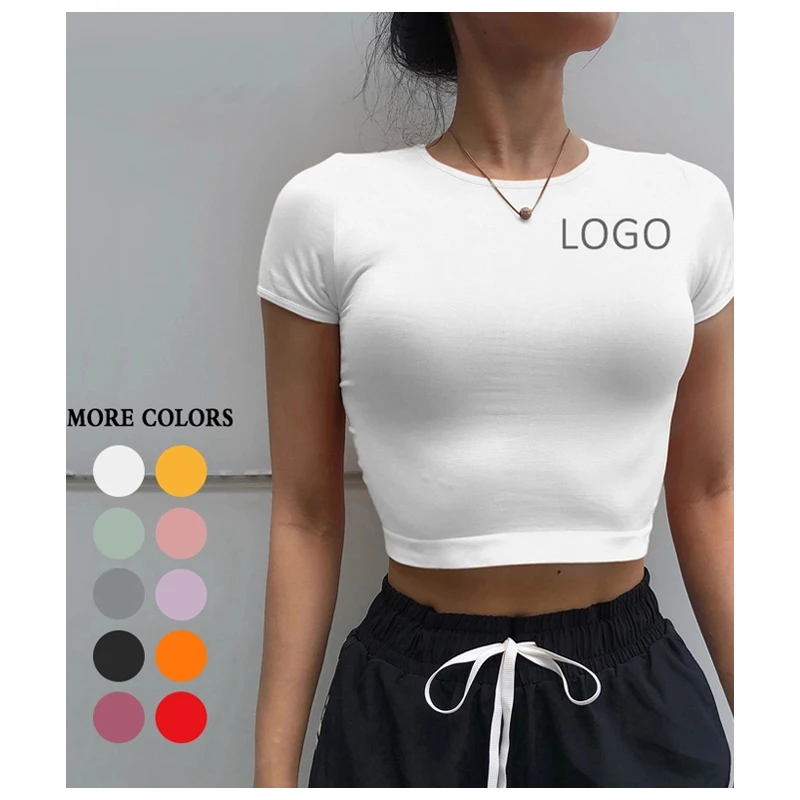 

6 Colors Custom Logo Fitness Yoga Wear Apparel Spandex Seamless Sports Workout Crop Top T Women Girl Gym Shirt, Existing 6 colors, or customized colors
