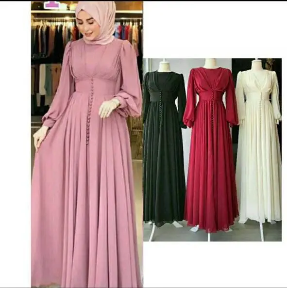 

One Drop Shipping New High Waist V-neck Solid Color Long Sleeve Trending Chiffon Modest Dresses Muslim For Women