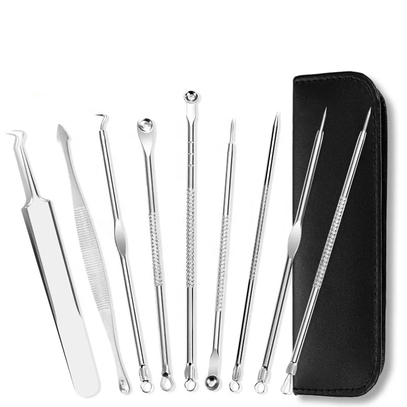 

Blackhead Remover Comedone Extractor Curved Blackhead Tweezers Kit 9-Heads Professional Stainless Pimple Acne Blemish Removal