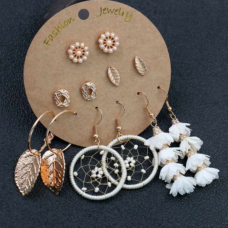 

Fashion 6 Pair Wholesale Gold Plated Leaf Triangle Flower Pearl Stud Earrings Women Girls Big Hoop Shell Pendant Earring Sets, Color plated as shown