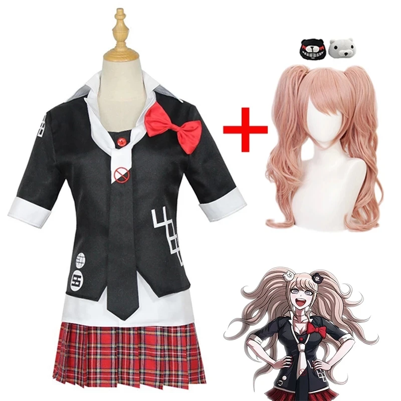 

Anime Danganronpa Cosplay Costume Enoshima Junko Uniform Cafe Work Clothes Short Skirt Double Tail Braid Wig, Picture shown