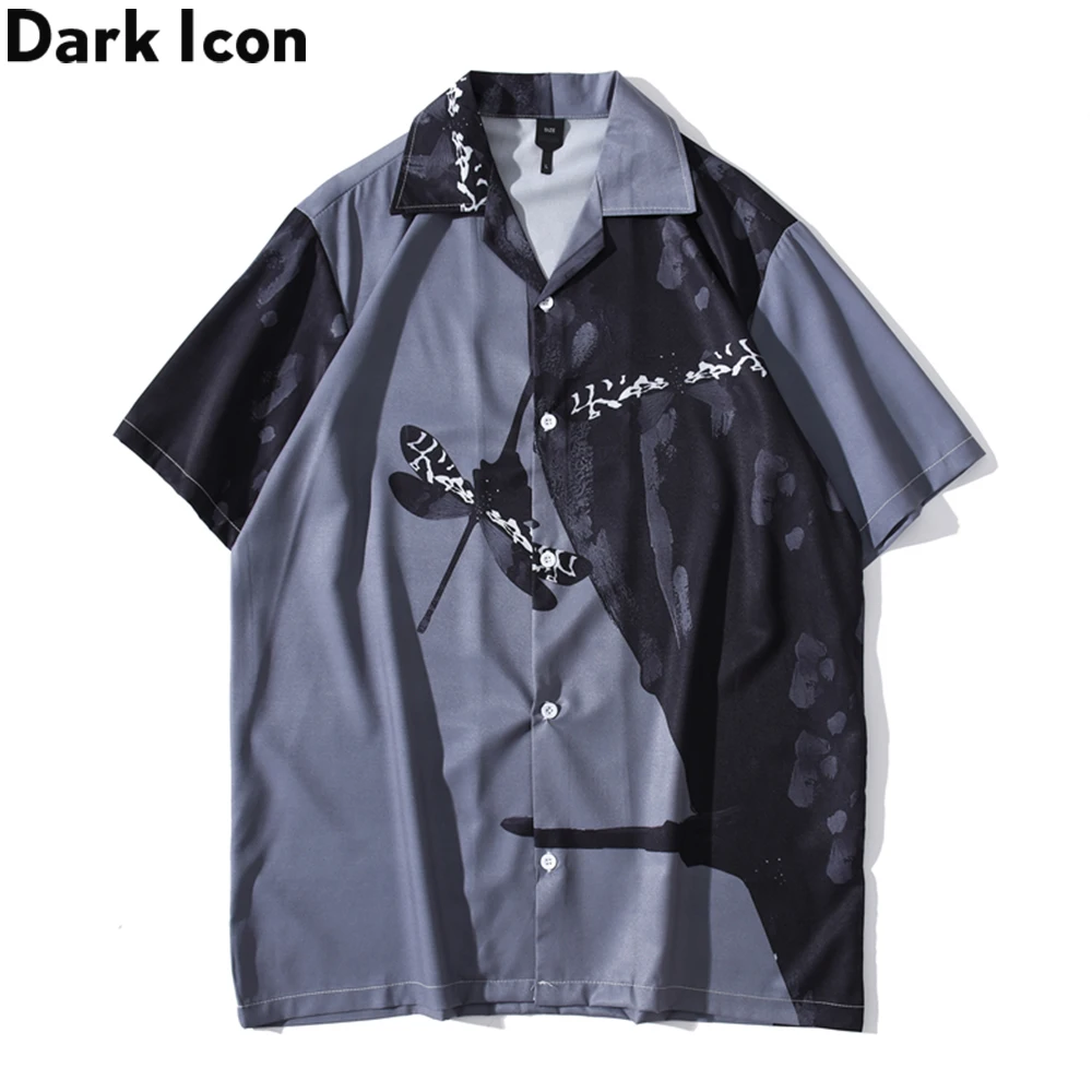 

Men Dragonfly Pattern Printed Shirts Casual Short Sleeve Shirt Man Buttons Hawaiian Tops Black color, Custom color