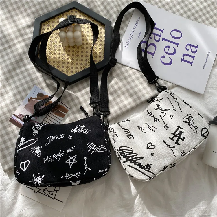 

Large Capacity Black White Custom Cotton Canvas Tote Bag Alphabet Printing Classic Color Messenger Bags