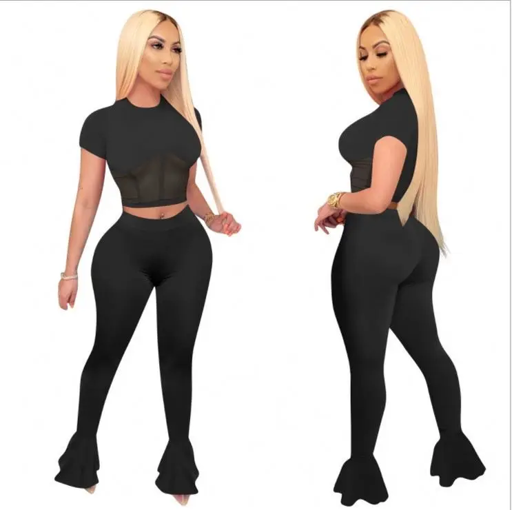 

2021Hot Selling Mesh Patchwork Solid Sports Two Piece Set Women Clothing