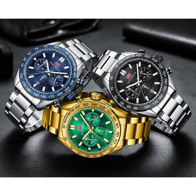 

Explosive Multifunctional Luminous Waterproof Golden Case Green DIal Steel Bands Business Custom Men's Watches With Calendar