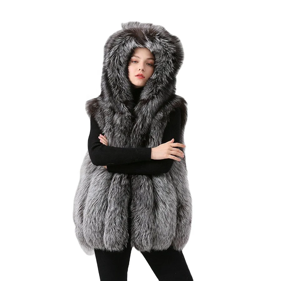 

QIUCHEN- QC19078 new arrival hot sale women winter real fox fur vest fur hood gilet fox fur coat