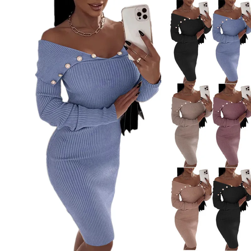 

LvCong Fall casual solid color polyester button slim womens knit long sleeve dress quality knit sweater dress
