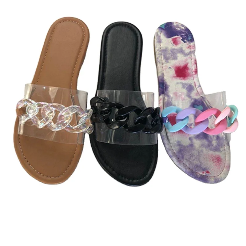 

Color chain crystal large size outdoor beach slippers