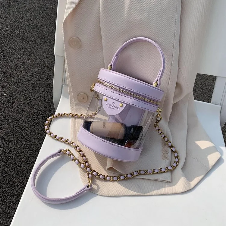 

2021 hot sale fashional transparent cylindrical bucket handbag shoulder crossbody pvc woman's hand bag with chain, 4colors