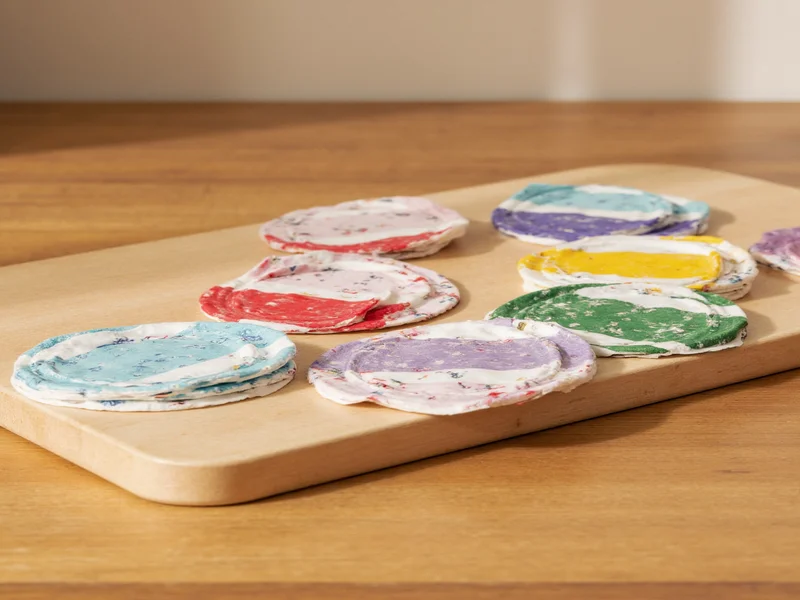 Colorful washi tape coasters on wooden board
