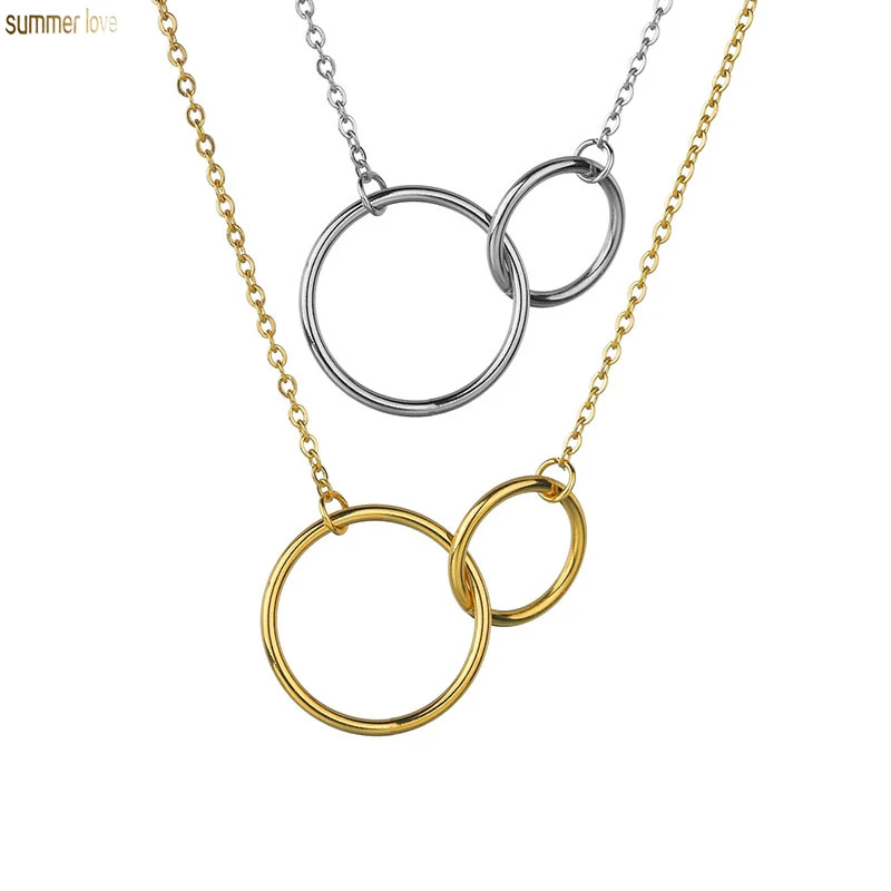 

Lovely Gold Silver Double Hoop Ring Charm Friendship Women Stainless Steel Pendant Chain Necklace