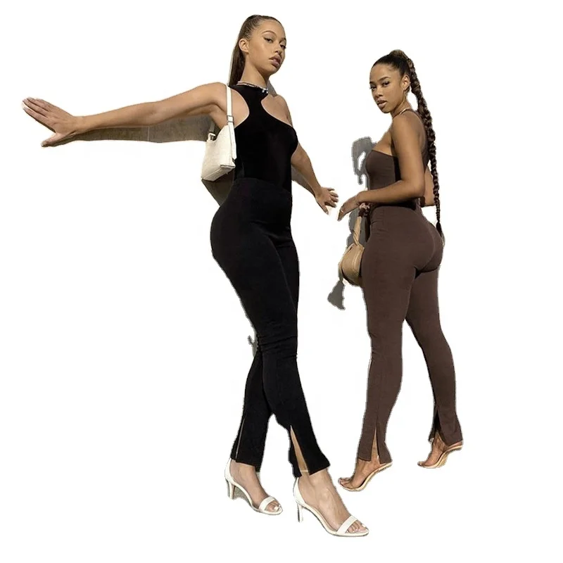 

Matching Irregular One Shoulder Bodysuit Tops Split Hem Pants Set