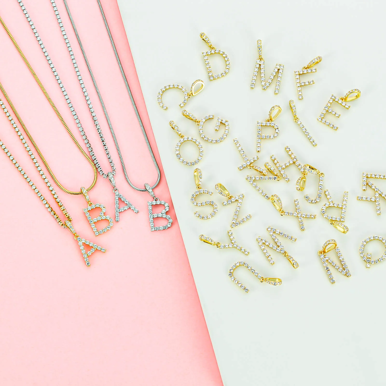 

Custom Female Square Women vvs Letter Silver Cubic Zirconia CZ Zircon Tennis Chain Real Diamond Pendant Necklace Jewelry, Gold\silver\rose gold
