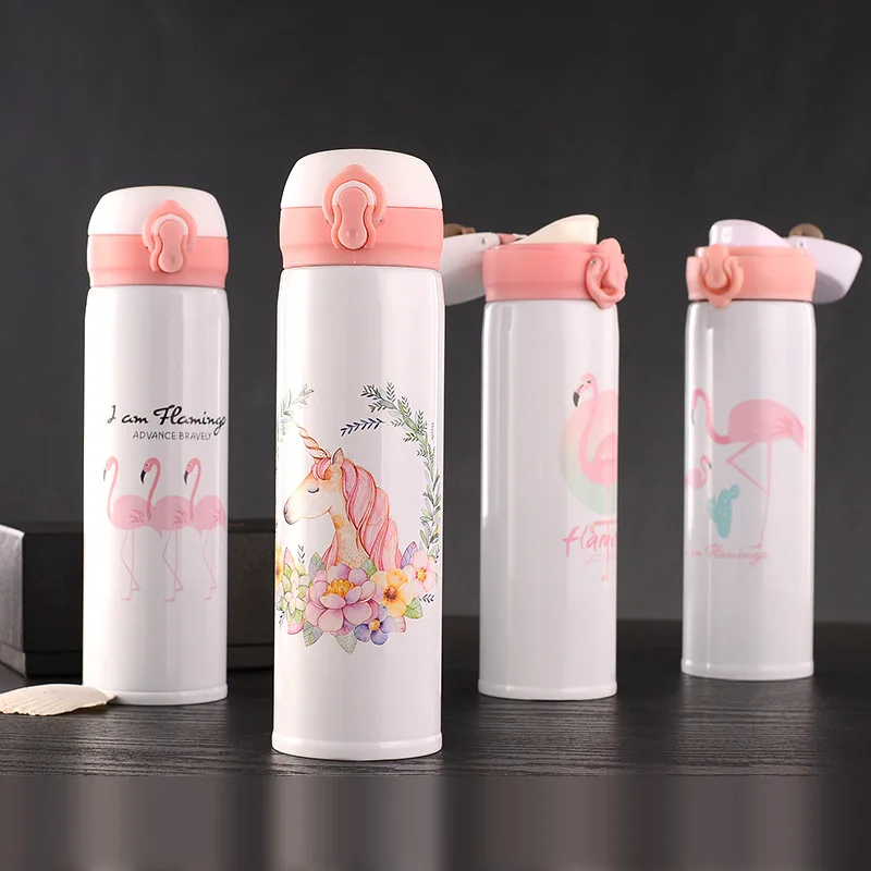 

500ml Pink Children's Flamingo Unicorn 304 Stainless Steel Bouncing Thermos Kids Student Girls Boys Cute Cartoon Water Bottles