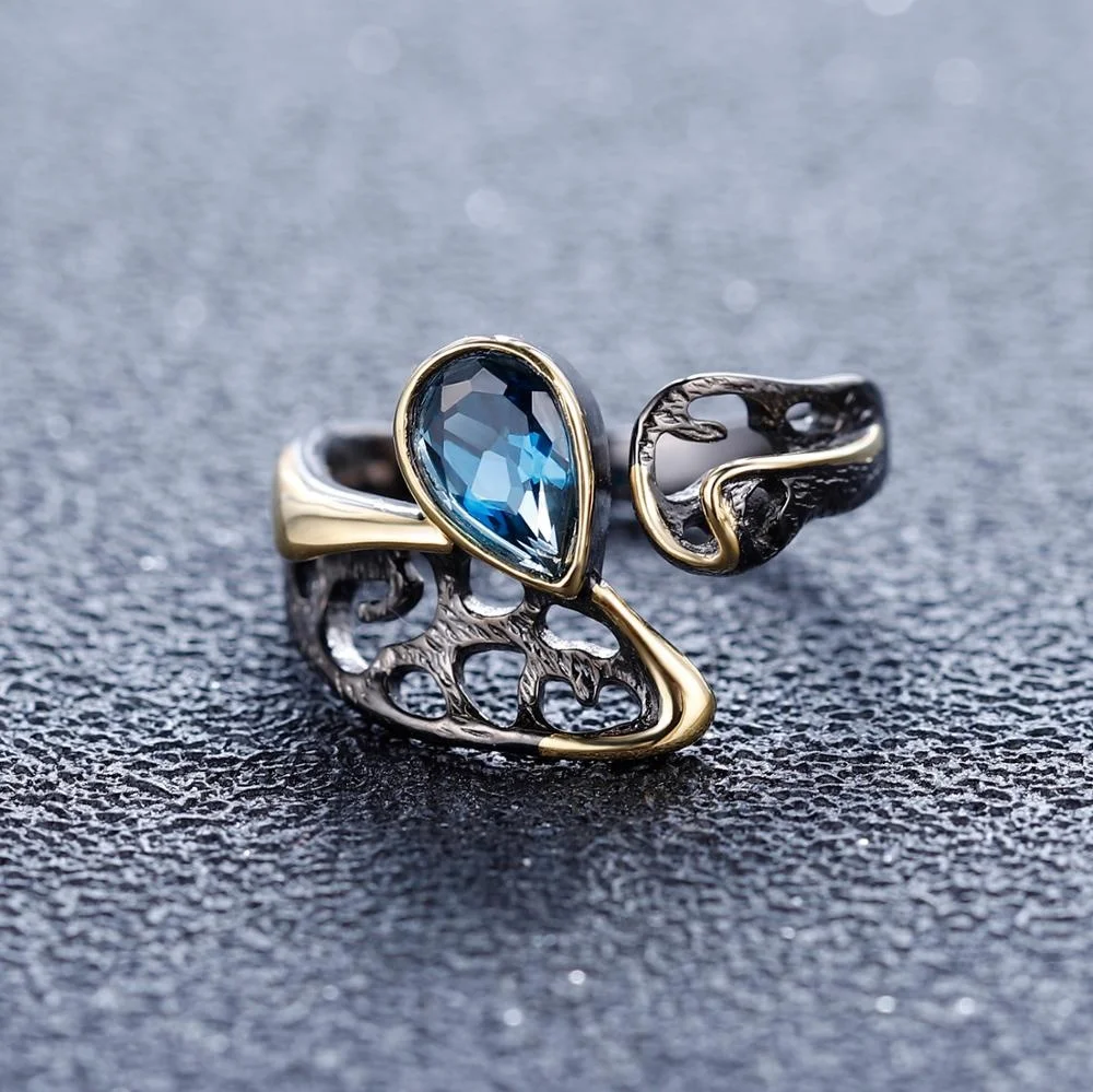 

Abiding Fashion Jewelry Women Natural Gemstone Gold Plated London Blue Topaz 925 Sterling Silver Ring