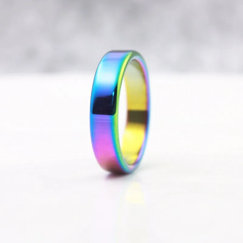 

Free Shipping Fashion Jewelry Grade High Quality 4mm Width Flat Rainbow Color Hematite Rings Woman Girl Ring