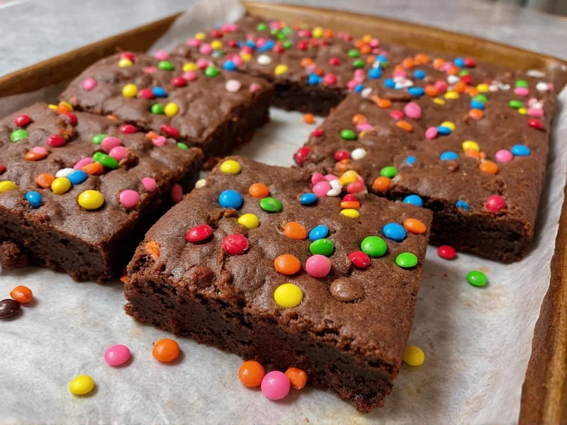 Homemade cosmic brownies with colorful candy pieces on baking sheet
