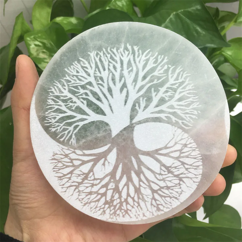 

Natural Polished Selenite Plate Crystal Carved Pad Disk Selenite Tree of Life Slices Han For Healing Reiki