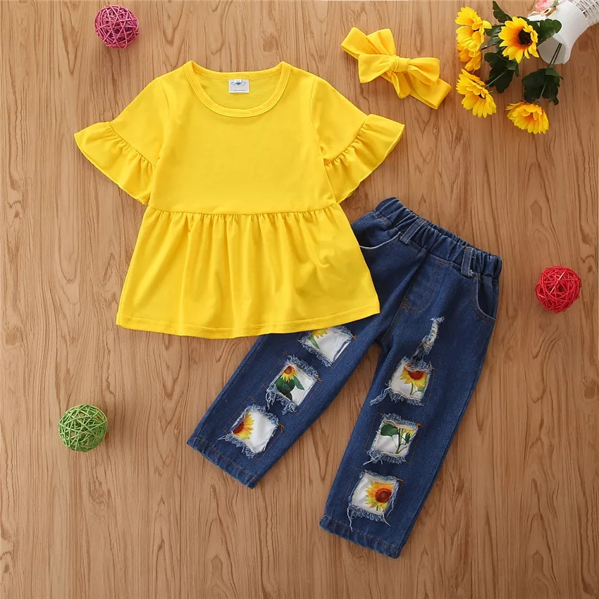 

New Fashion Kids Girls Clothes Set Baby Girls Crop Tops With Denim Pants Children Casual Outfits Clothes Set, As picture