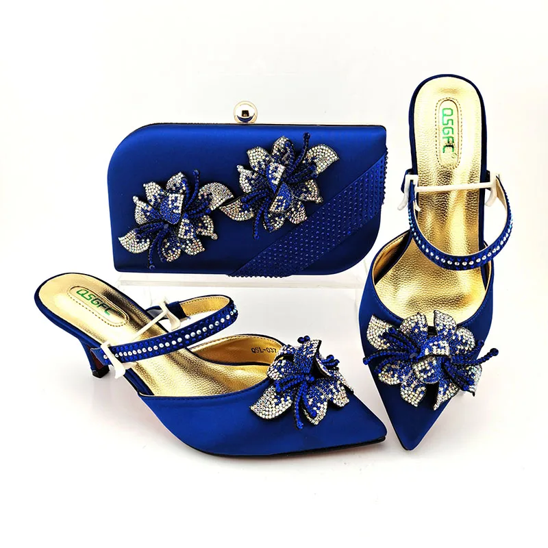 

New Style Lady shoes bag set with stones Beautiful Italian shoes to match bag women party shoes set, Royal blue,black,yellow,gold and fushia