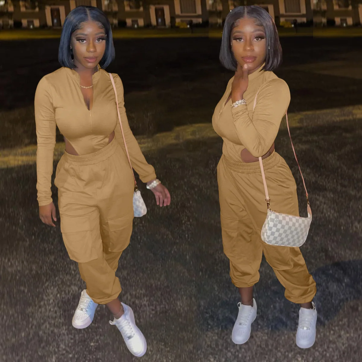 

A9090 V neck long sleeve bodysuit jumpsuit sporty two piece bodysuit outfit for women