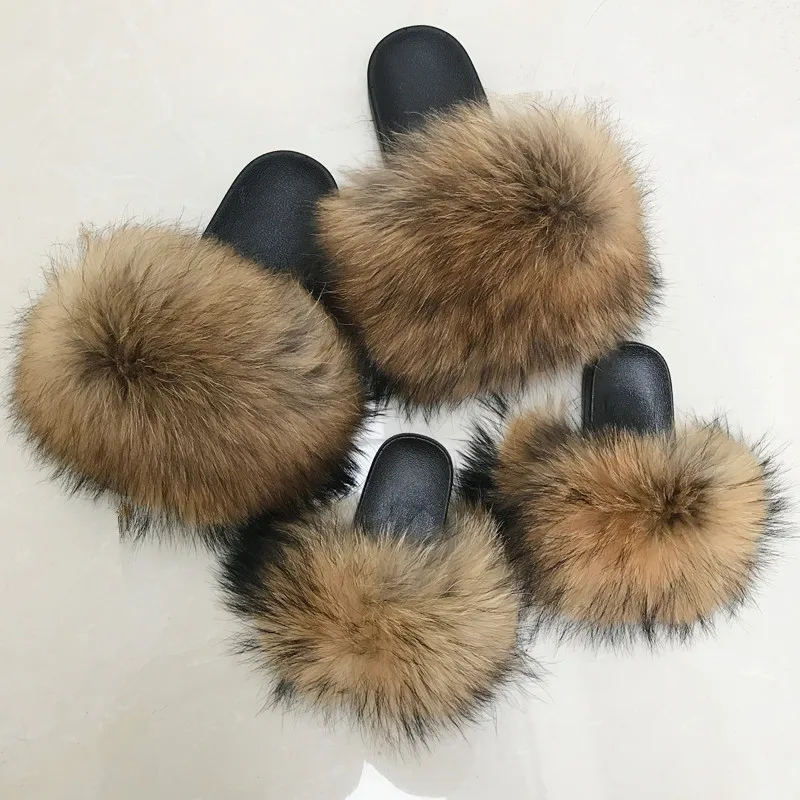 

Hot Selling Korean Girl Cool Fox Fur Slipper Children Fur Slides Kids Fur Slippers