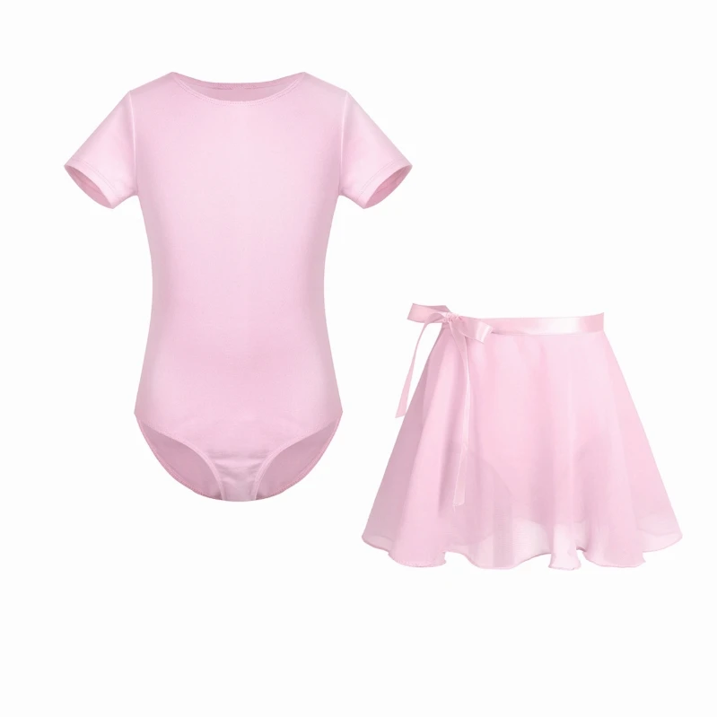 

Kids Girls Short Sleeves Team Basic Ballet Tutu Dress Gymnastics Leotard Dance Bodysuit with Chiffon Wrap Skirt Set
