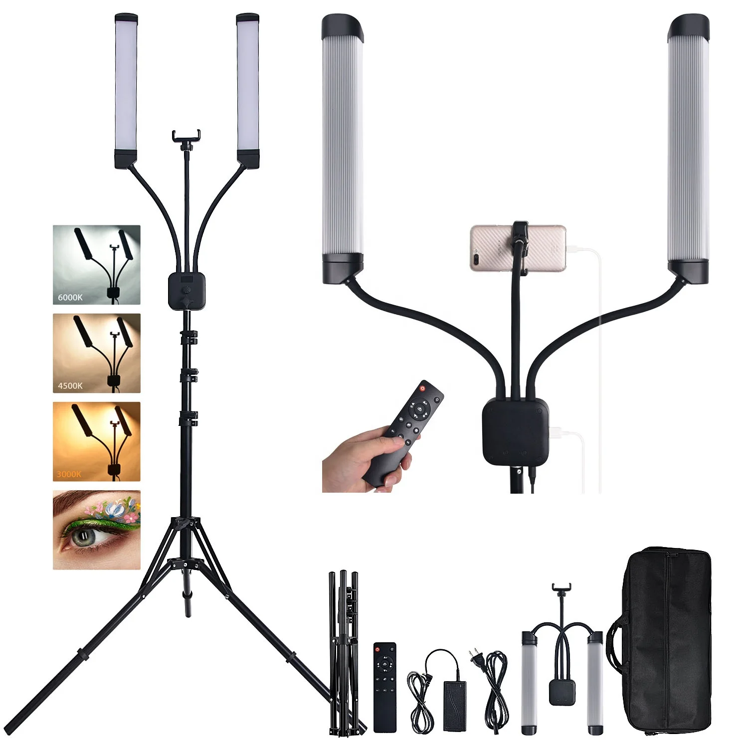 

multimedia lamp beauty equipment double arms 50W dimmable led video camera makeup ring light with tripod stand