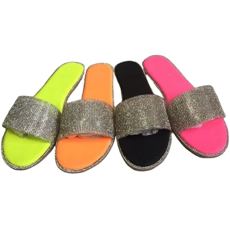 

New Summer Women Crystal Slippers Glitter Flat Soft Bling Female Candy Color Rhinestone Slides Hot Beach Shoes