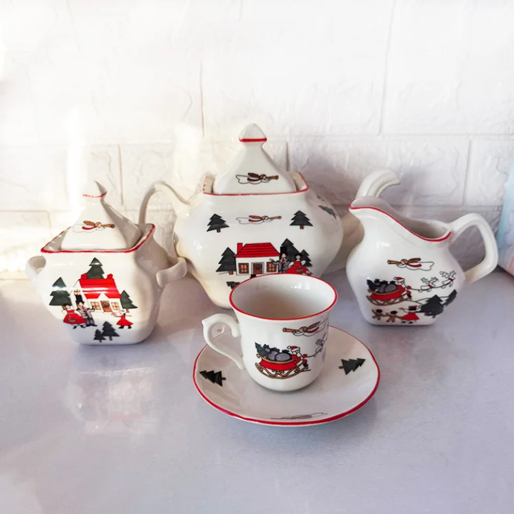 

Christmas themed Christmas tree ceramic afternoon tea cup saucer coffee cup with red tracing, White