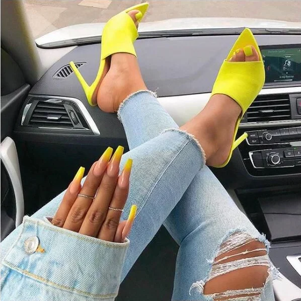 

Summer Sexy Stilettos Peep-Toe Pumps Ladies Heel Slippers Fluorescent Green Thin High Heels Sandal